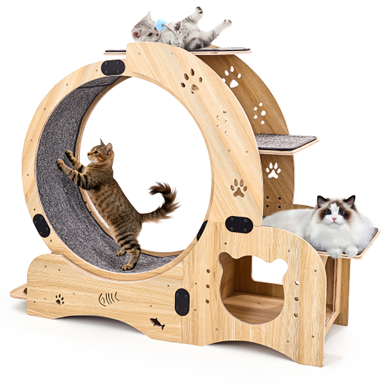 TEMU Arbre à chat multifonctionnel 6-en-1 avec grande roue d'exercice silencieuse et bois - Grand centre d'activités d'intérieur pour chat adapté à