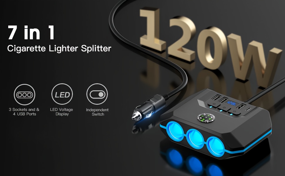 120w 7 in 1 car charger with led display splitter adapter 3 ac outlets 4 usb ports separate switches 12 24v 3 3ft cable details 0