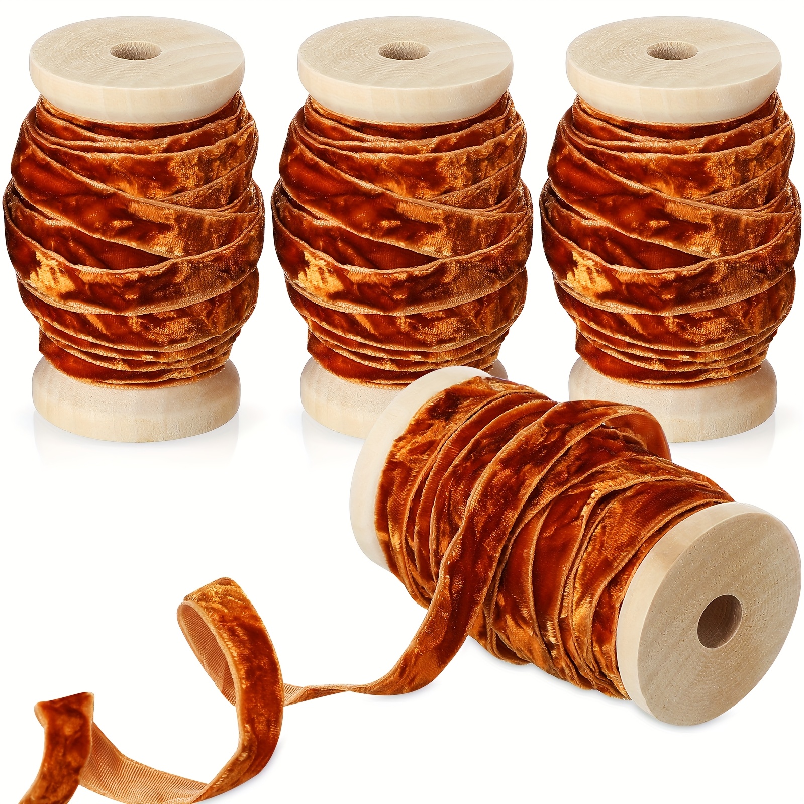 

4 Roll 20 Yards Crushed Velvet Ribbon Christmas Vintage Wooden Spool Velvet Ribbon For Christmas Tree Ornament Gift Wrapping Bow Wreath Flower Bouquet Craft Decoration(burnt Orange, 3/8 Inch)