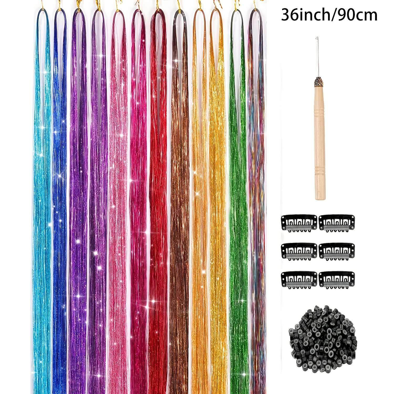 TEMU 12pcs Synthetic Hair Tinsel Kit Heat Resistant Sparkling Shiny Tinsel Hair Length 36/48 Inches 12 Colors Tinsel Strands Highlights, Popular New