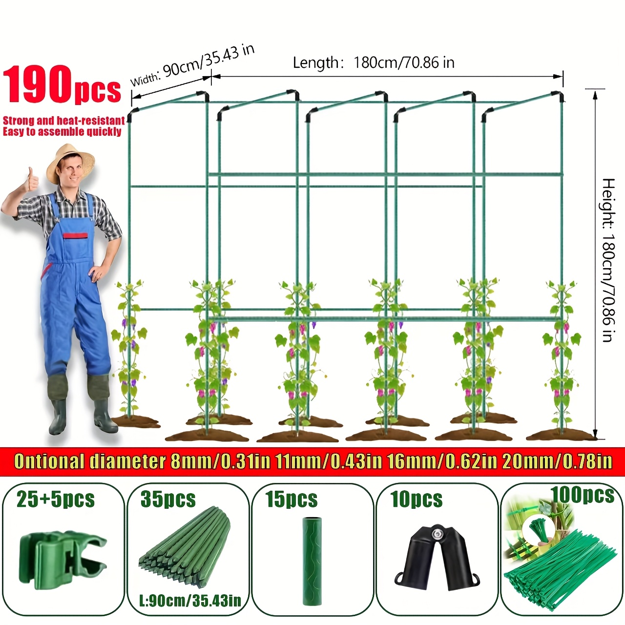 E-shop 190-teiliges Set strapazierfähige Rankhilfen für Kletterpflanzen, 70,86" L x 70,86" H x 35,43" B, robustes Gartenzubehör aus Metall,