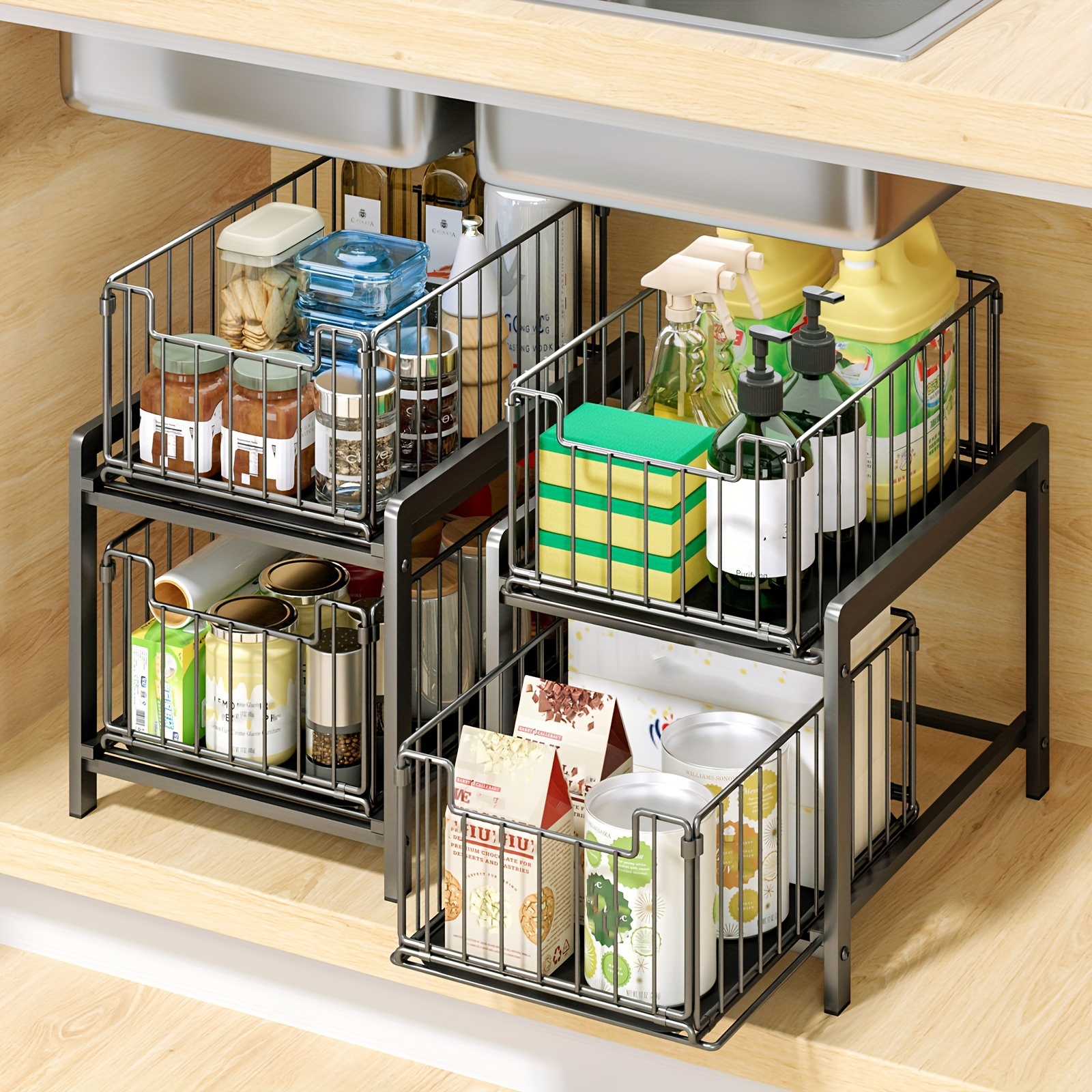 

2 Tier Basket Sliding Drawer Organizer, Pull Out Under Sink Cabinets, Metal Homeorganizer $ For Bathroom Or Kitchen, Sliding Countertop Or Pantry Storage Shelfperfect For Countertop Or Pantry Storage