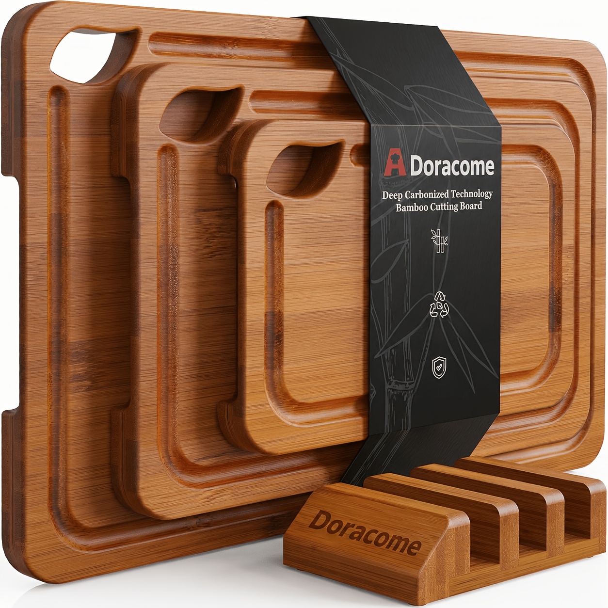 Image of Bamboo Cutting Board & Storage Rack Set - Reversible -sided Board Suitable For / Side, Built-in Juice , Knife-friendly, Handle With Spray-painted - Gift For Christmas, Mother' Day