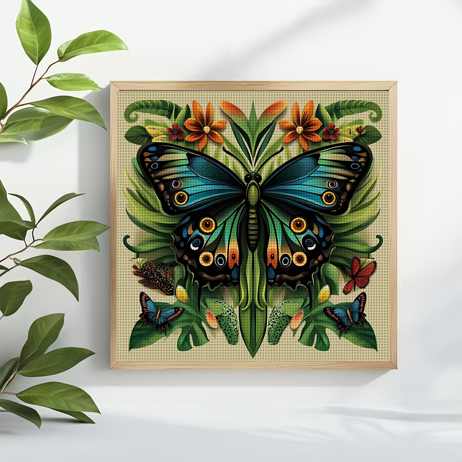 Cross-Stitch Printed Kit, Colorful Butterfly Flowers Pattern