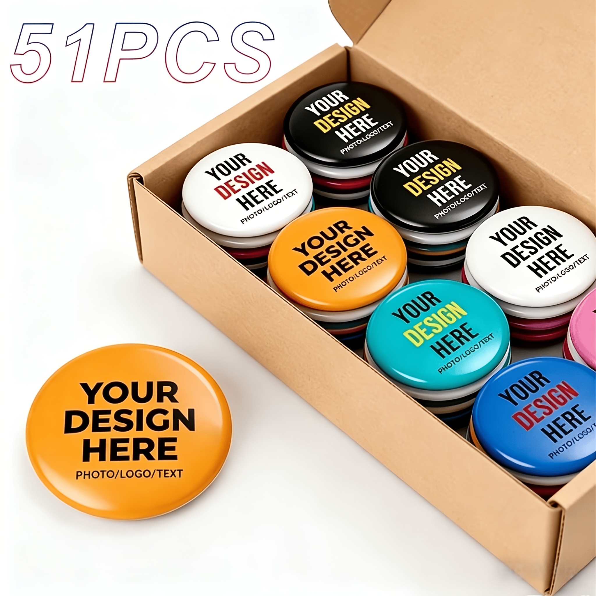 TEMU 51pcs Boxed Personalized Custom Brooch Badges, Custom Diy Photo Badges, 8 Sizes Available, Metal Base Pin, Decoration And Gifts, Suitable For