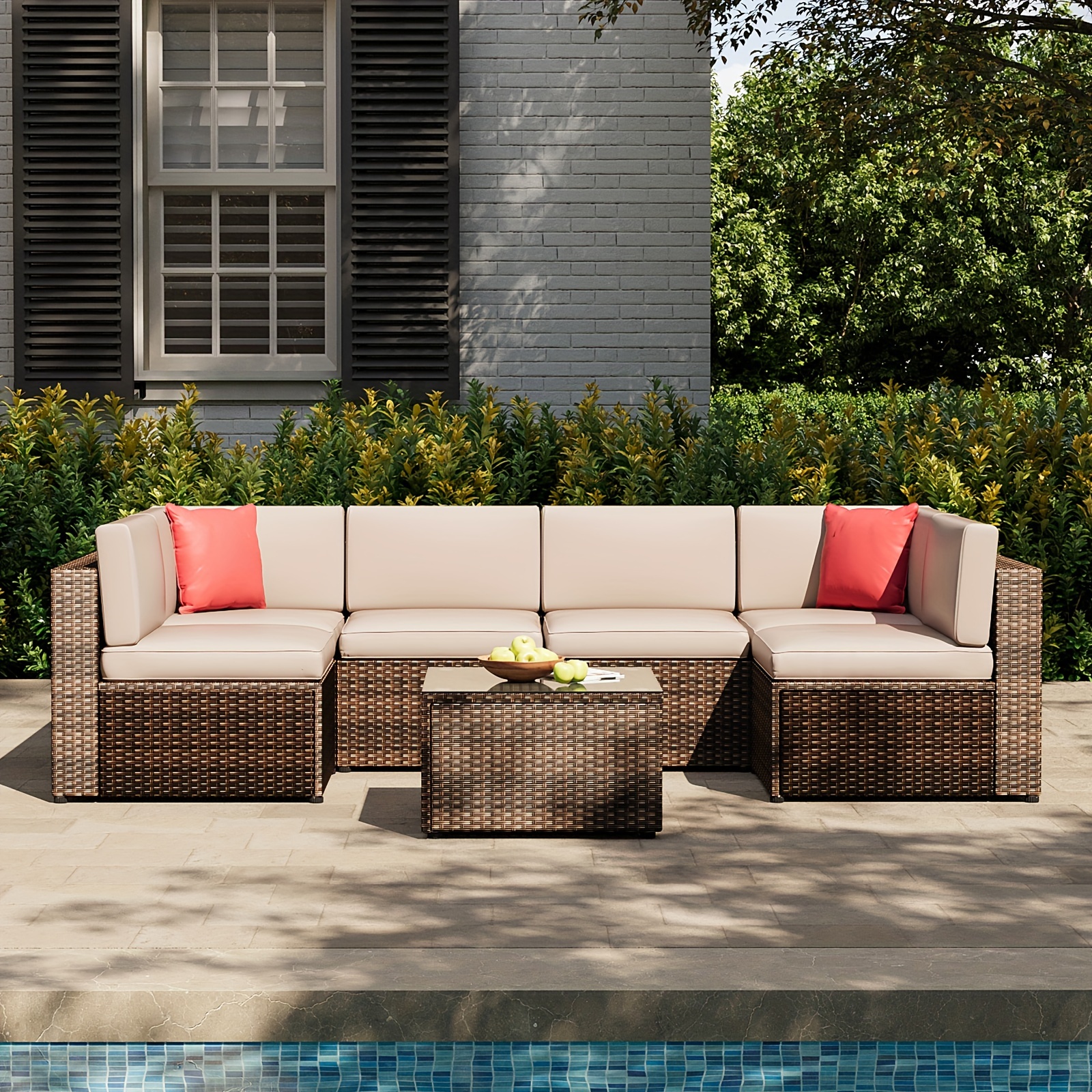 

Outdoor Only 7pcs Patio Furniture Set, Wicker Rattan Conversation Set, Outdoor Sectional Sofa Removable Cushions And Tempered Glass Coffee Table