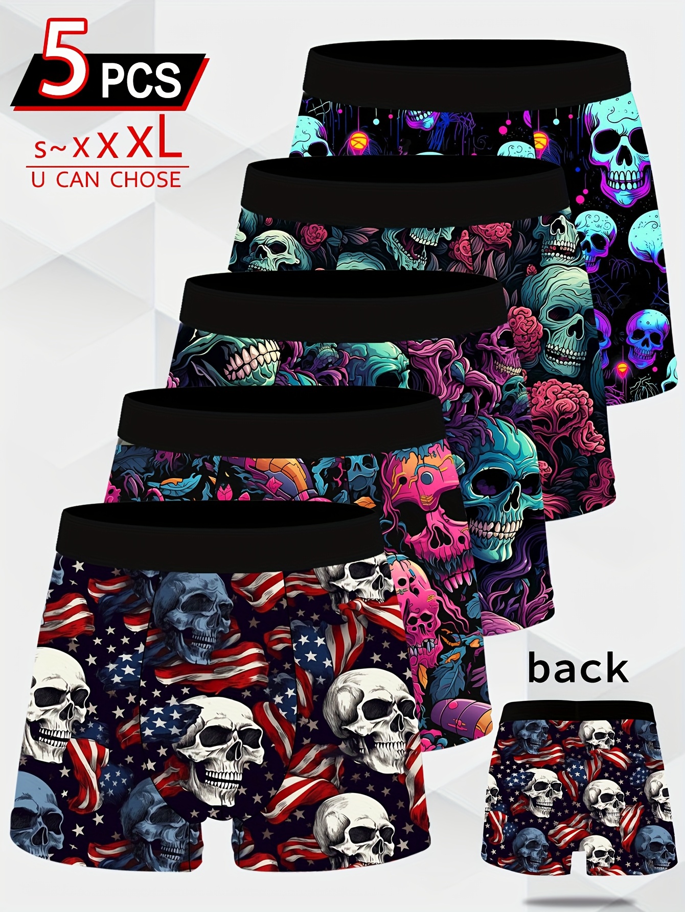 Men's Novelty Boxer Briefs - 5-Pack - Skull & Print - Stretch Polyester - Elastic Waistband - Quick-Dry Breathable Underwear - Soft Comfort Fit for Casual Wear
