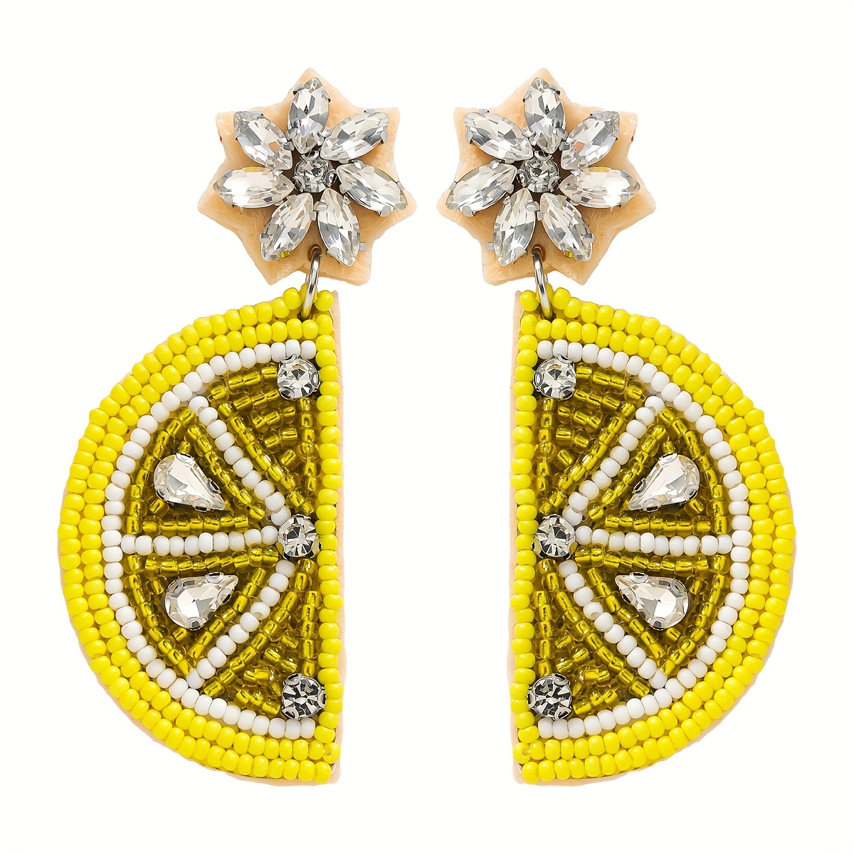 Image of 2pcs Sparkling Creative Earrings, Bohemian Style Spring Summer Fruit Theme Lemon Flower Women's Dangle Earrings, Fashionable Versatile Accessories, Suitable For Banquets And Parties