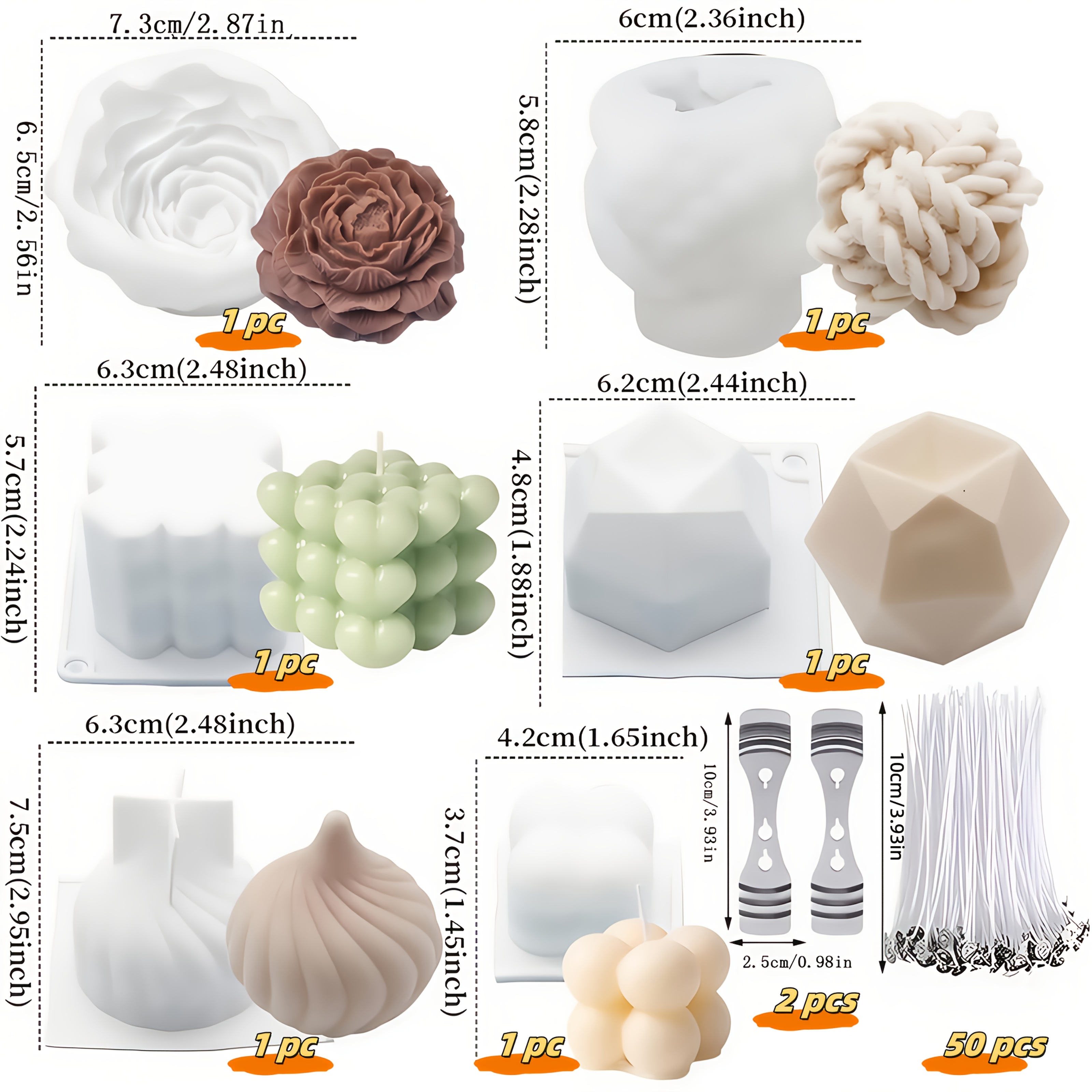 TEMU 58pcs Aromatherapy Candle Silicone Mold Set, Including 50pcs Wicks, 2pcs Wick Holders And 6pcs Silicone Molds, Suitable For Aromatherapy Candle