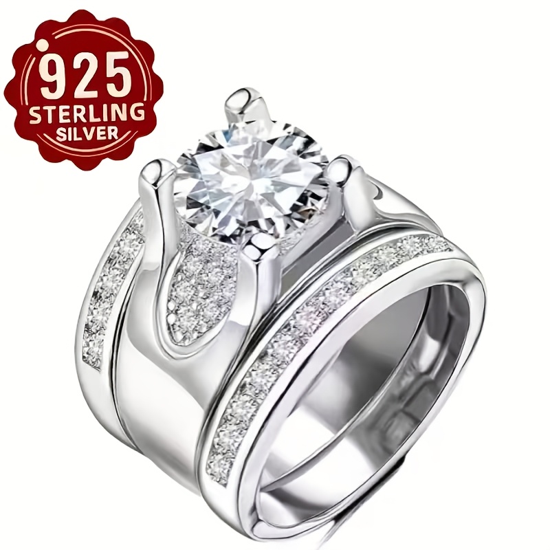 TEMU Ensemble de trois bagues en argent 925, incrustées de 3 carats, design détachable, plein de raffinement haut de gamme, hiérarchie du luxe léger,