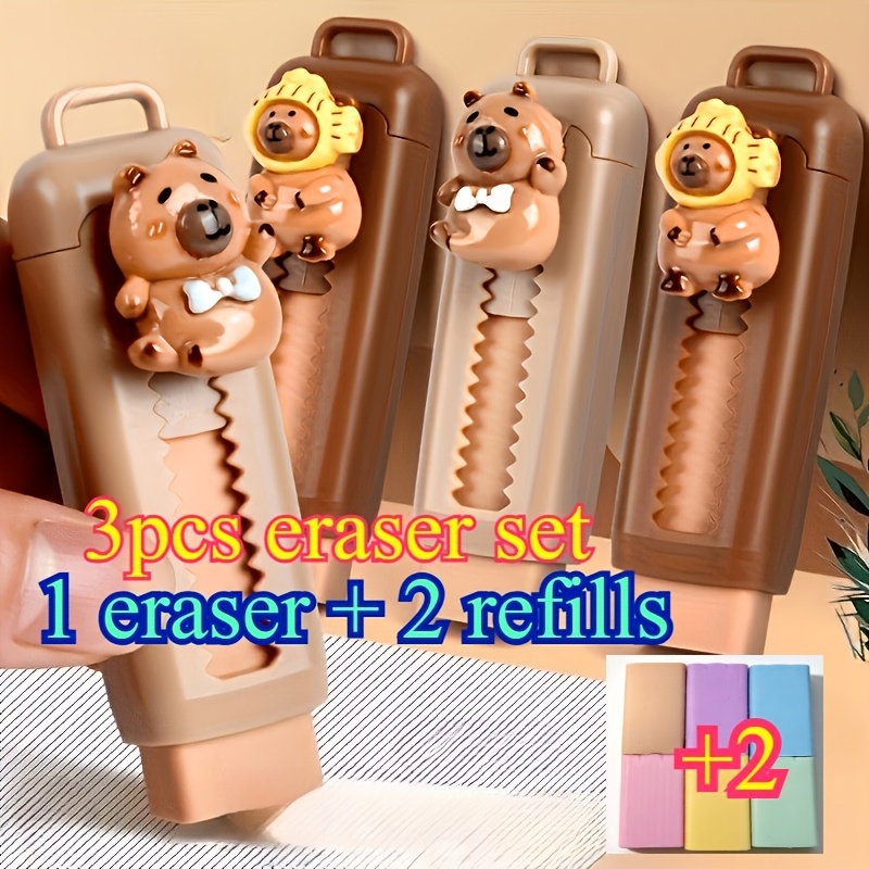 TEMU 3pcs Eraser Set (1 Eraser And 2 Refills) Capybara-shaped Eraser With Stylish Glasses And Hat, High-quality And Durable, Suitable For Adult Art