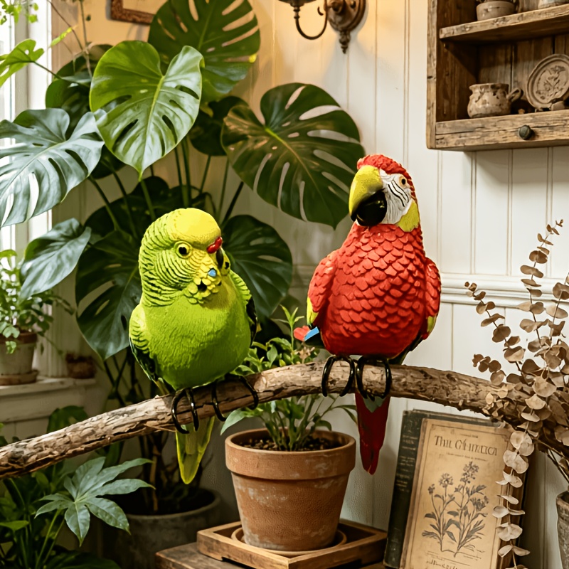 TEMU 2pcs Set Of Painted Macaw And Cockatiel Shaped Resin Crafts Statues Ornaments With Hooks For Hanging On Flower Pot Edges, Garden/balcony/window