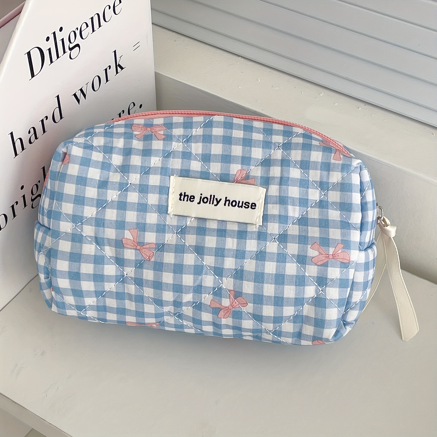 HAPPYHEIDI Make-up-Tasche – Gingham-Muster Marineblau – 26,7x19,1 Cm, Baumwoll-Leinen, Mit Reißverschluss