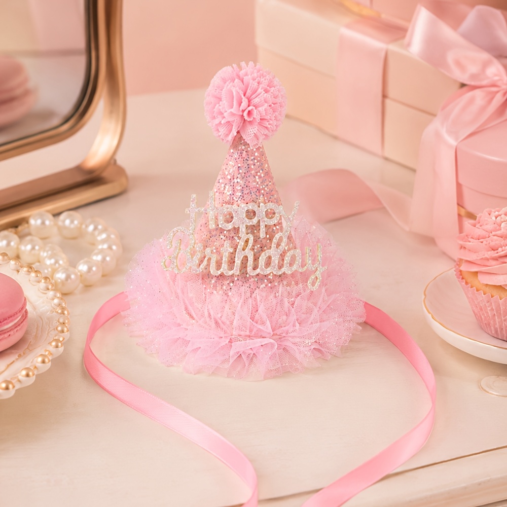 TEMU 1 Pack Mini Glitter Happy Birthday Cone Party Hat, Tulle Pom-pom Base With Adjustable Satin Ribbon Tie, Birthday Party Photo Prop