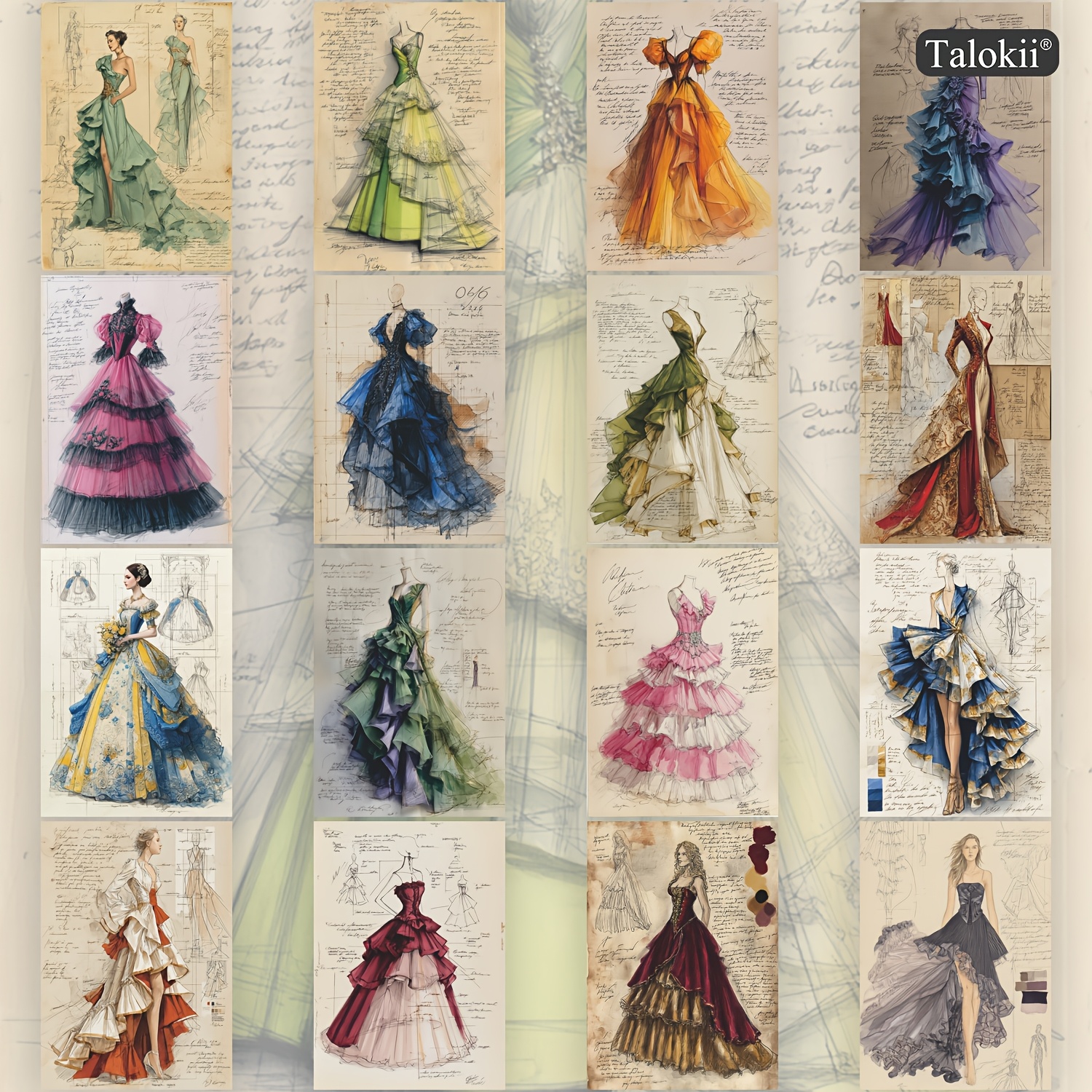TEMU 16-pack Fashion Illustration Postcards, 10×14cm (. 4×6 Inch), Elegant Dress Design Sketch Cards For Journaling, Wall Collage, Mood Boards &