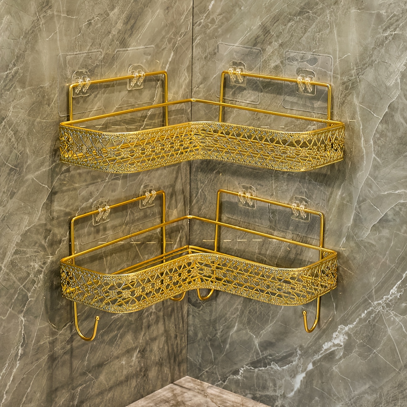 TEMU 2er-Set Eck-Duschregal mit Haken, luxuriöses goldenes Eisenwerk, offenes Badezimmer-Duschregal, Wandmontiertes Regal, Bohrfreies Klebeband,