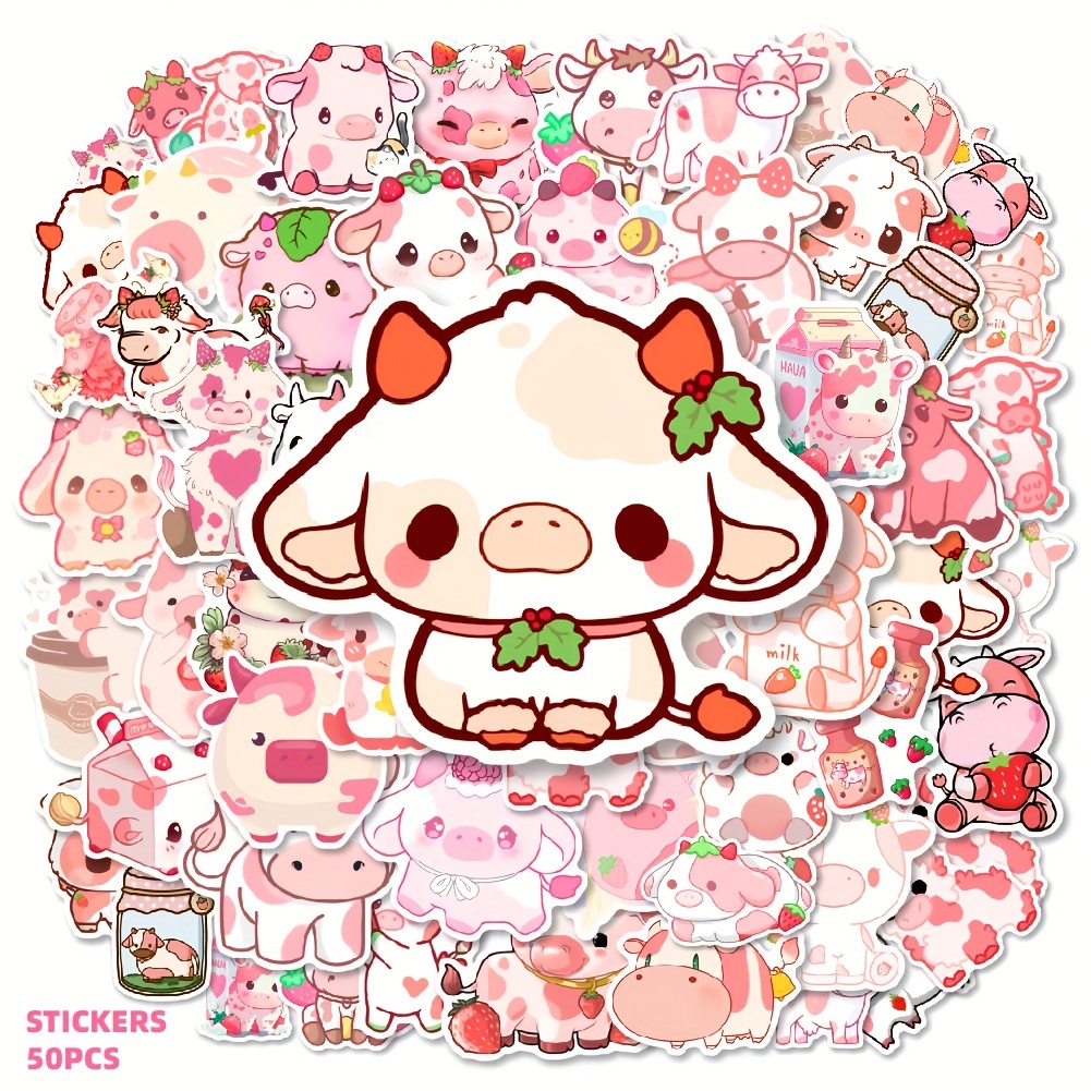 Image of 50/55pcs Cute Strawberry Cow Stickers Cartoon Animation Creative Phone Cases Water Cups Decorative Stickers Tablet Luggage Insulators Water Cups Helmets Electric Cars Stickers