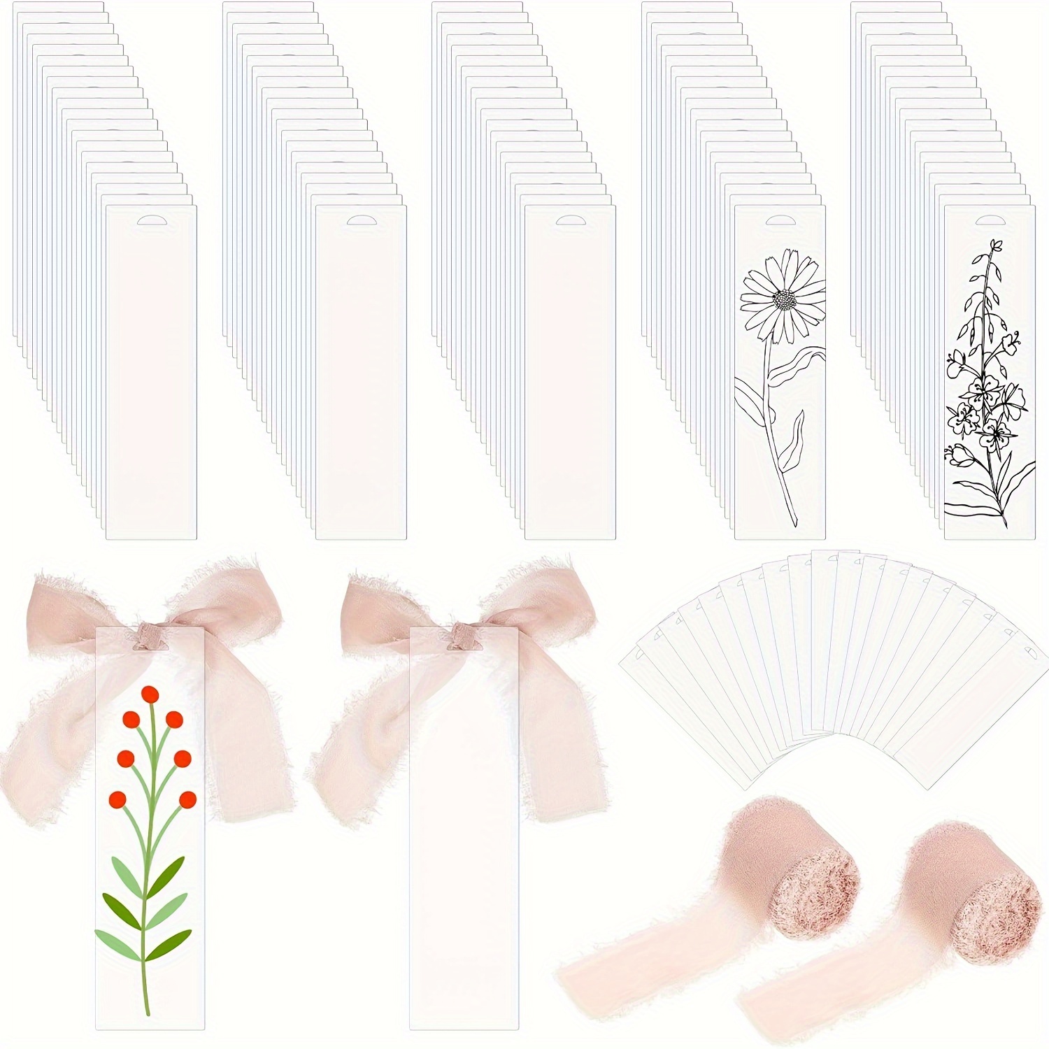 

A Set Of Rectangular Acrylic Blank Bookmarks With 2 Rolls Of Ribbon For Gift Tags, Diy Crafts And Exquisite Small Cards For Party Gifts.