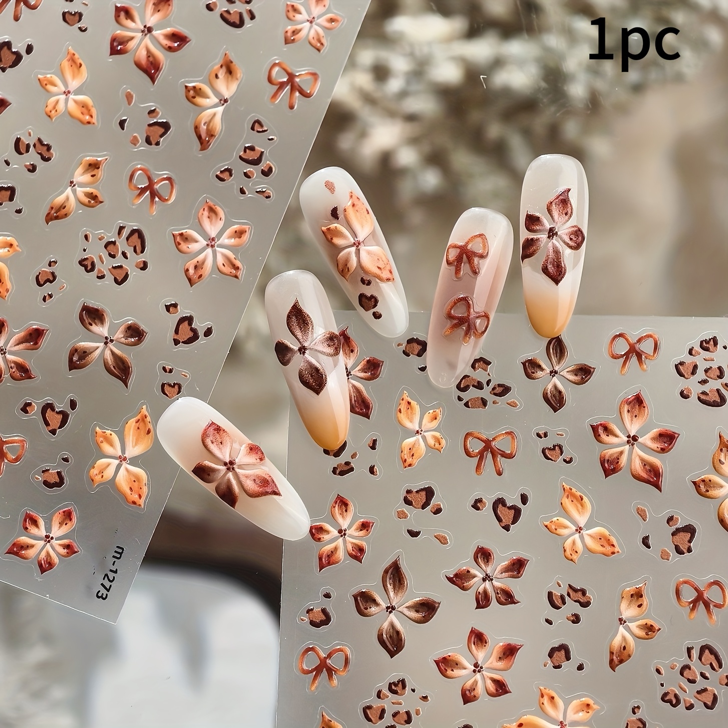 1pc Spring Summer 3d Embossed Warm Brown Floral Bow Nail Stickers Self-adhesive Reusable Diy Nail Decals