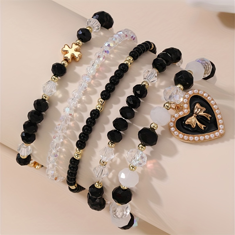 

5pcs Cute Japanese And South Korean Style Beaded Bracelet Set - Fashionable Charm Bracelets With Heart And Bow Pendants, No Plating Plastic Mosaic, Jewelry For Women For Gifts And Parties