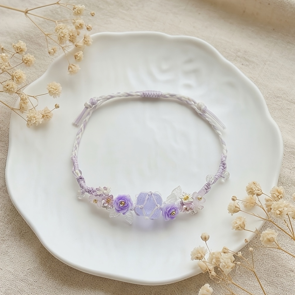 Purple Rose Light Purple Crystal Braided Bracelet, Adjustable Design