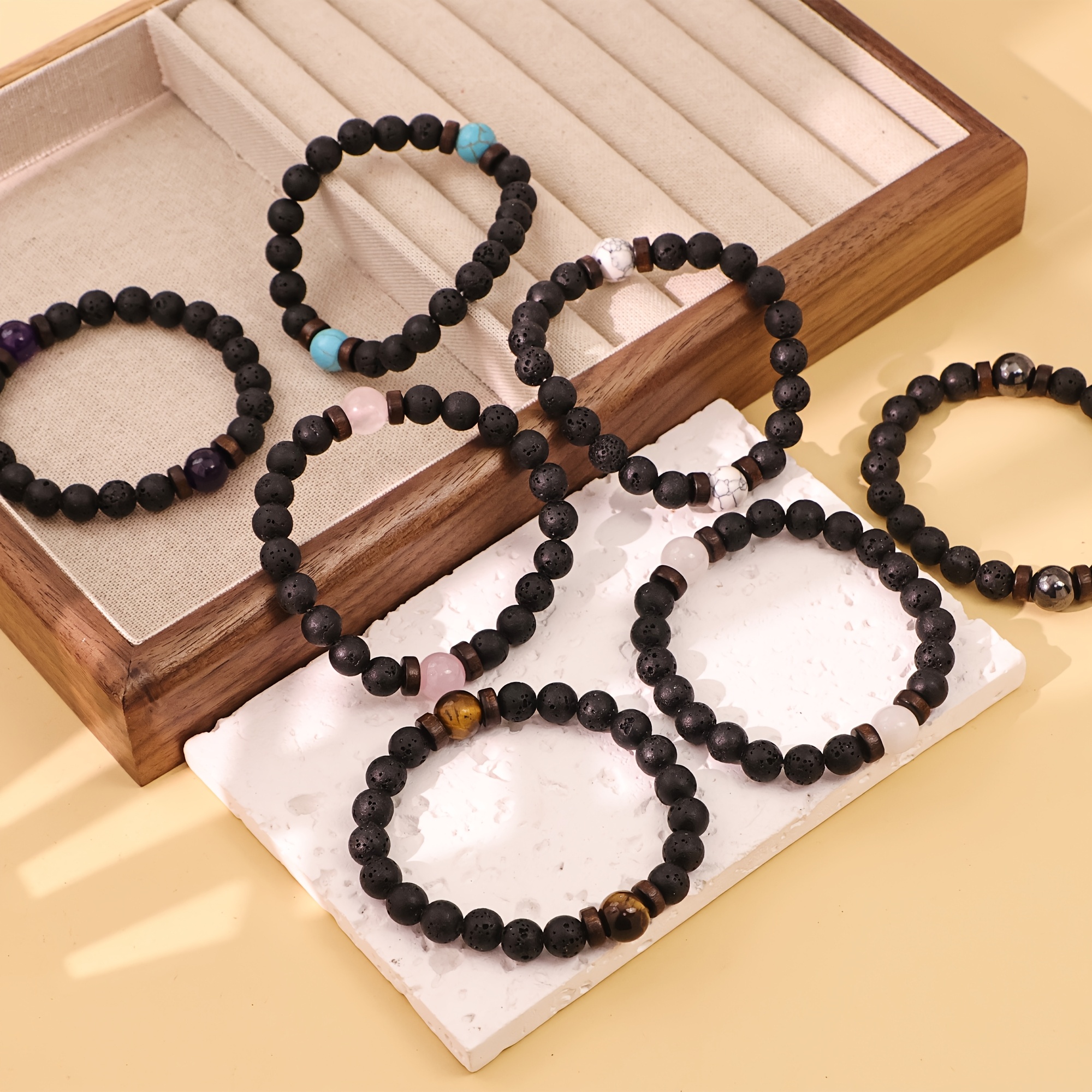 12pcs Vintage Black Natural Stone Bracelet Set