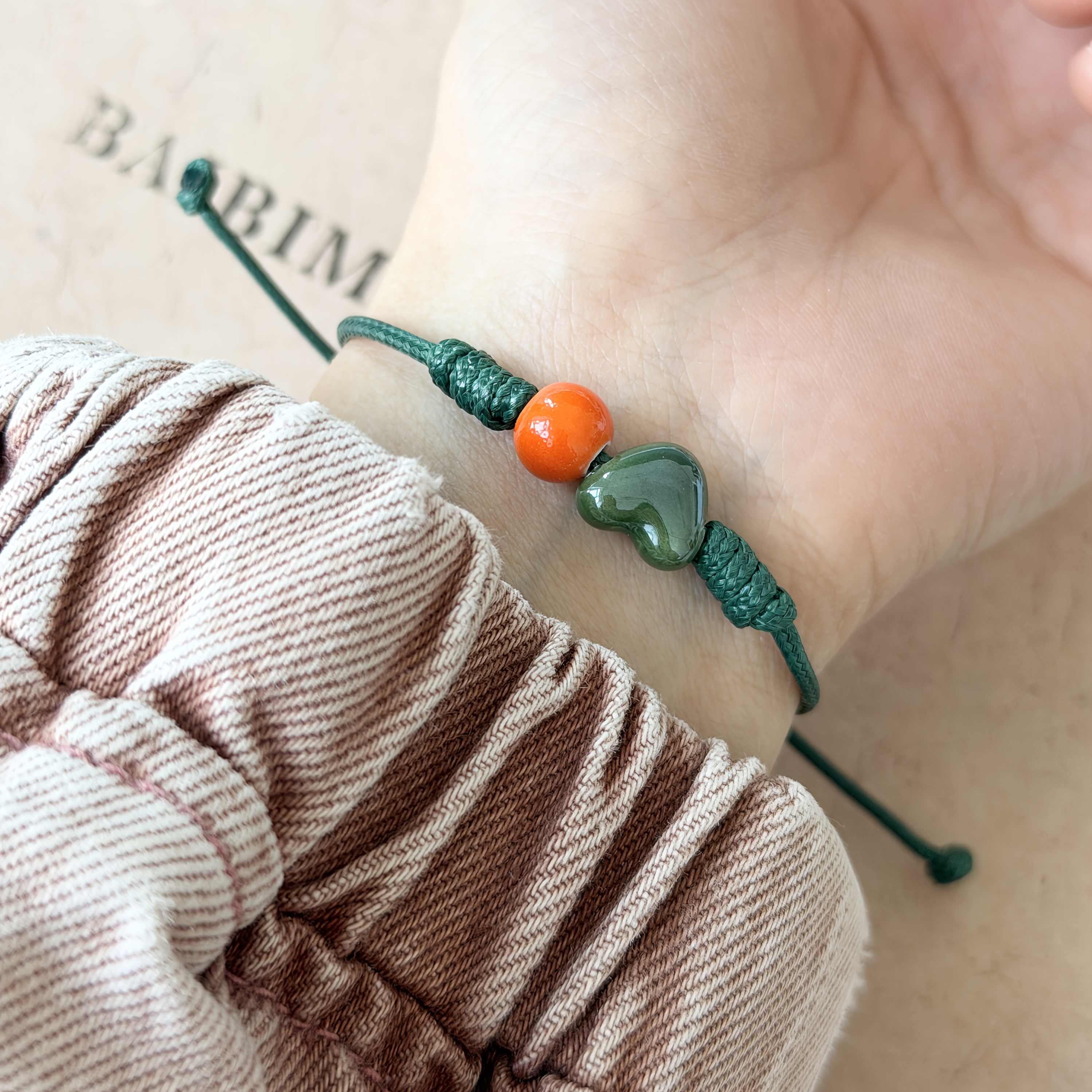 Women's Handmade Ceramic Green Heart Bracelet, Adjustable Length