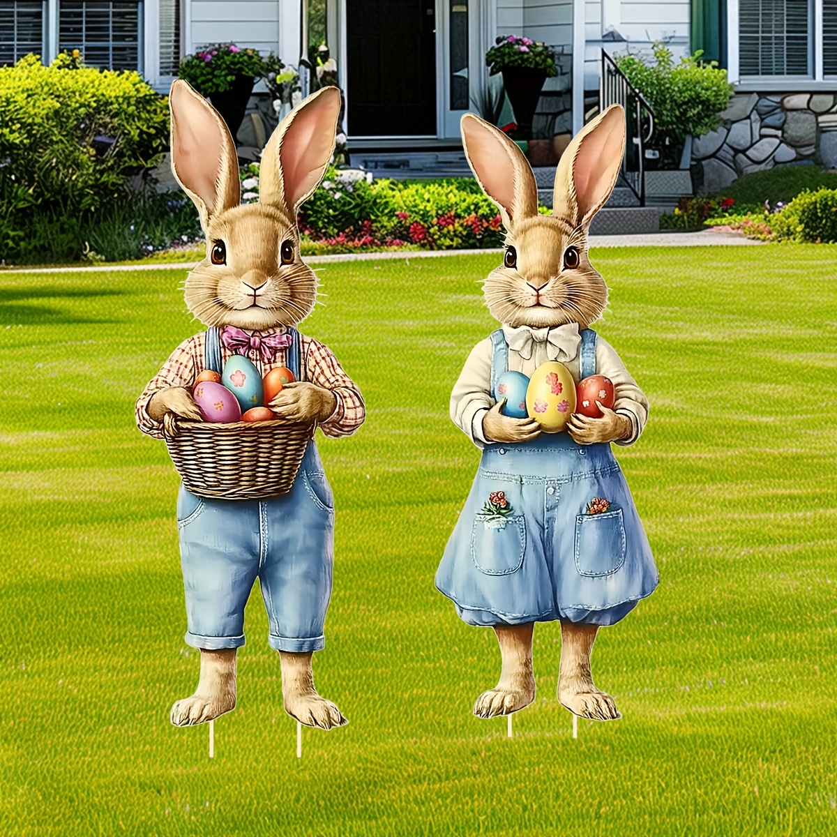 

2pcs Adorable Easter Bunny Yard Signs With Stakes - Plastic, Outdoor Yard Decoration, Featuring Rabbit For Decor, Lawn Ornaments, & Photo Props, Rabbit Accessories