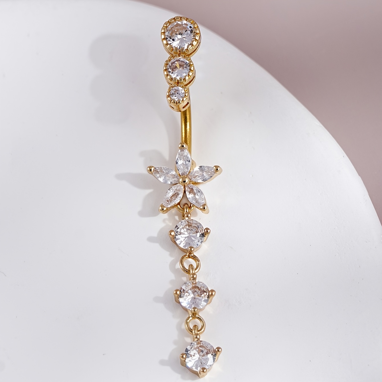 TEMU 1pc Sparkling Flower Dangling Pierced Navel Ring, With Multiple Translucent Mini Round Synthetic Synthetic Zirconia Stones On A Long Teardrop