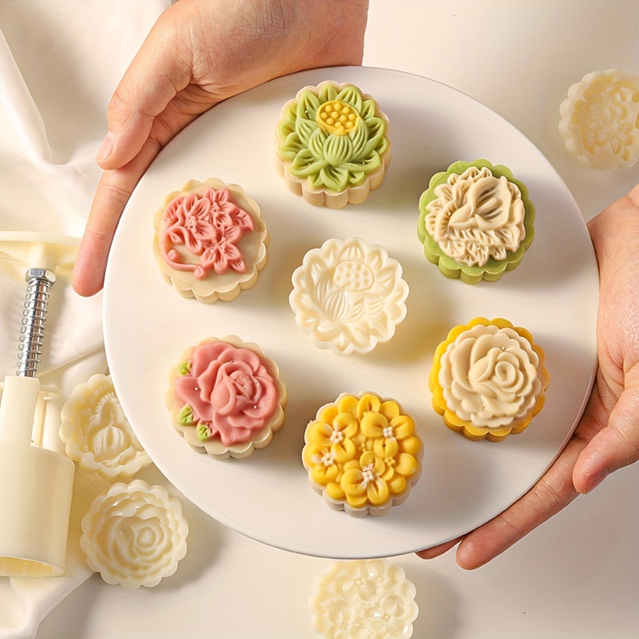 

7pcs Moon Cake Mold Set - Diy Hand Press Pastry Tool With Flower Patterns, Includes 1 Mold & 6 Stamps For Mid Baking