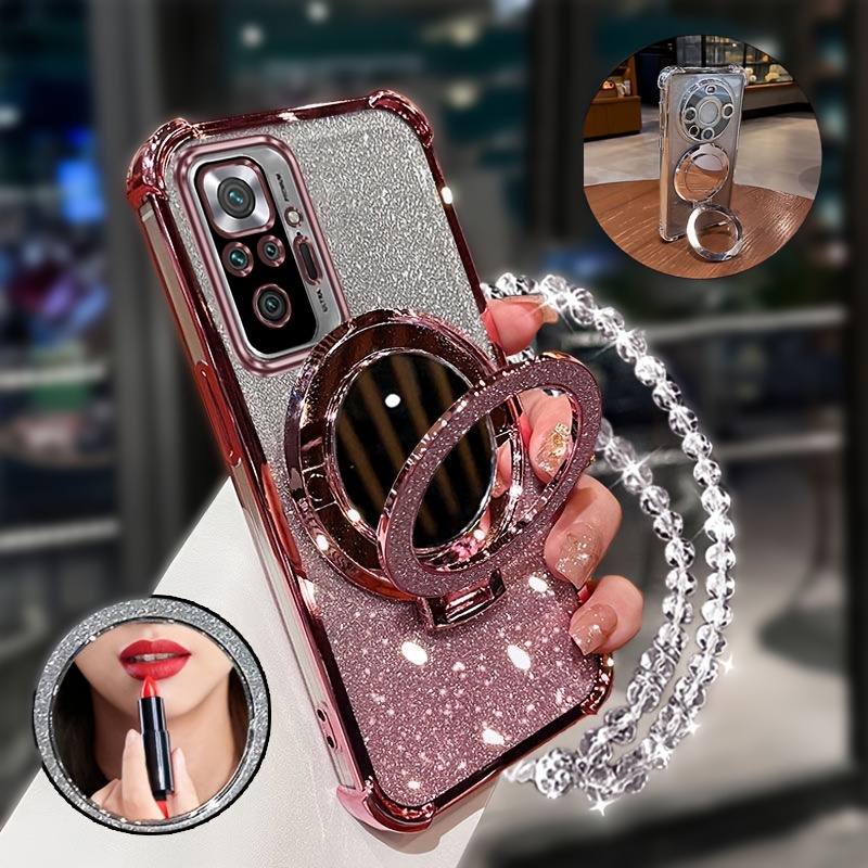 TEMU Funda para teléfono: Funda de moda con chapado de , correa de muñeca con cordón, espejo de maquillaje y soporte para teléfono, compatible con