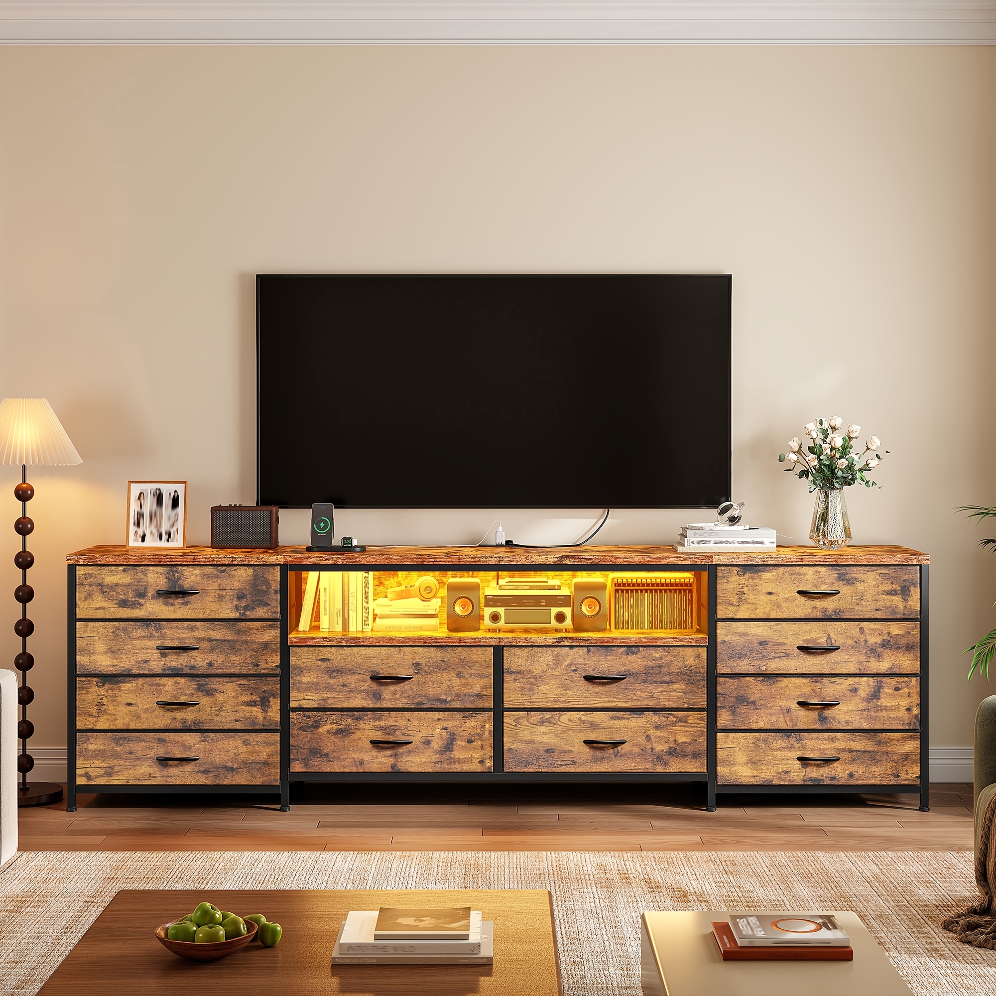 TEMU [12pcs] 63" Smart Tv Stand With Led Lights & Power Outlets, For Tvs Up To 75", 12-drawer Fabric Dresser, Entertainment Center For Living Room, Bedroom, Hallway, Brown