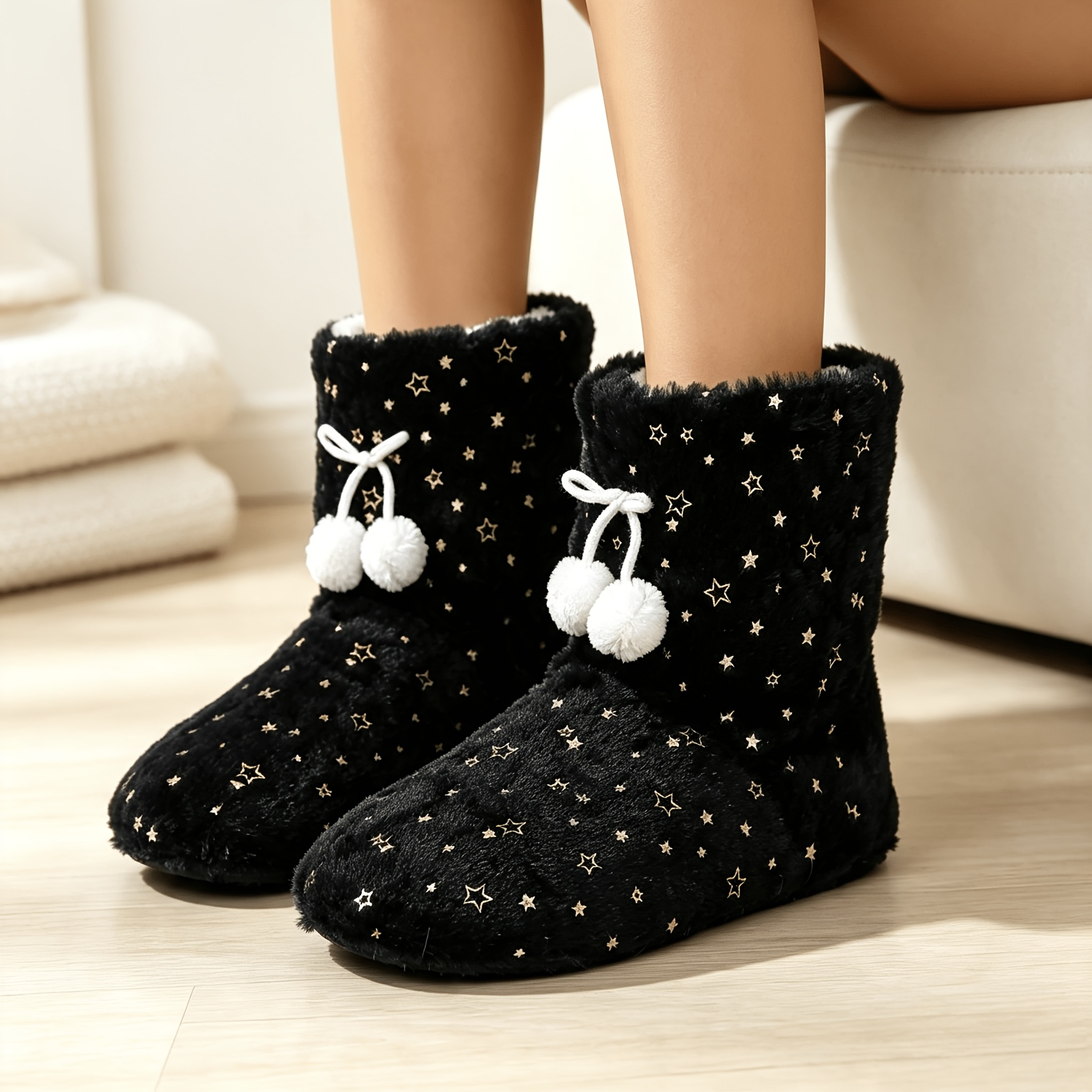 TEMU Women's Comfortable Star Golden Decor Indoor Warm Short Boots Slippers;, Women Shoes