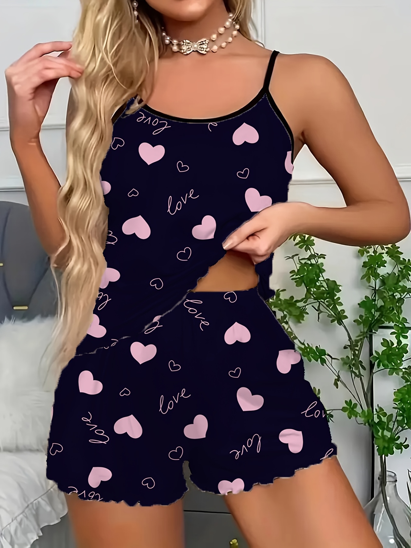 1 Set Women'S Sexy Polyester Pajama Set, Love Heart Print Spaghetti Strap Shorts, Knit Fabric Sleepwear for All Seasons, Adult Lounge Set