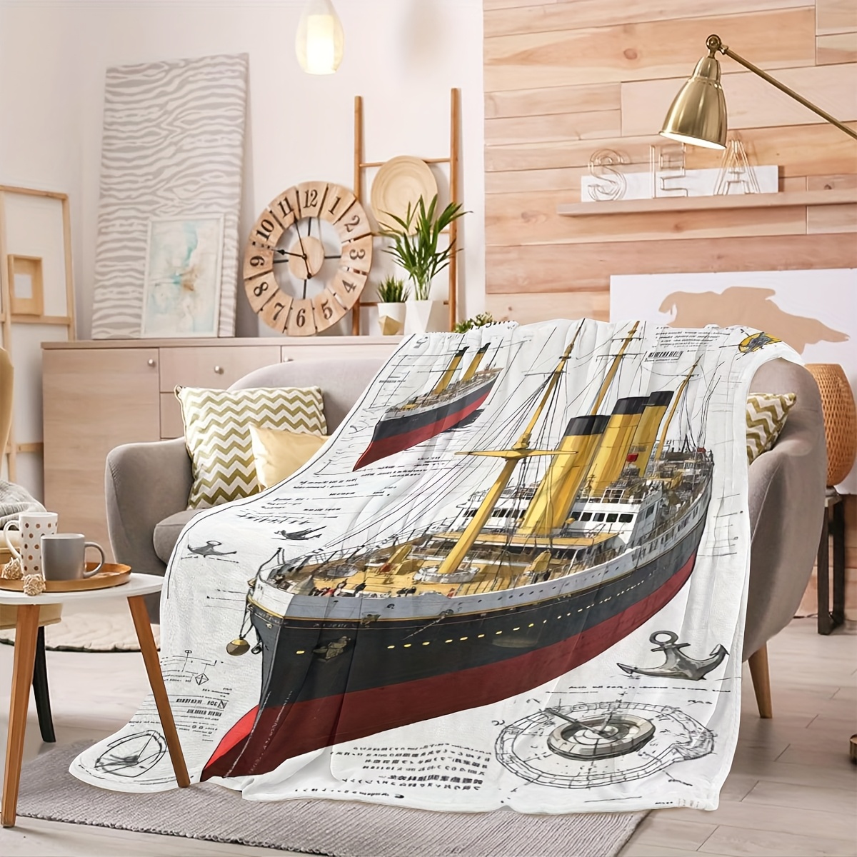 TEMU 1pc Cruise Ship Pattern Printed Fleece Blanket, Designed For , Soft Fleece Nap Blanket, Small Throw Blanket, Lightweight Fleece Throw And Bed