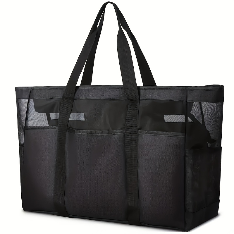 xxl large capacity mesh beach bag foldable zippered easy   transparent tote with fixed shoulder straps ideal for beach travel   and shopping versatile accessory   durable handle