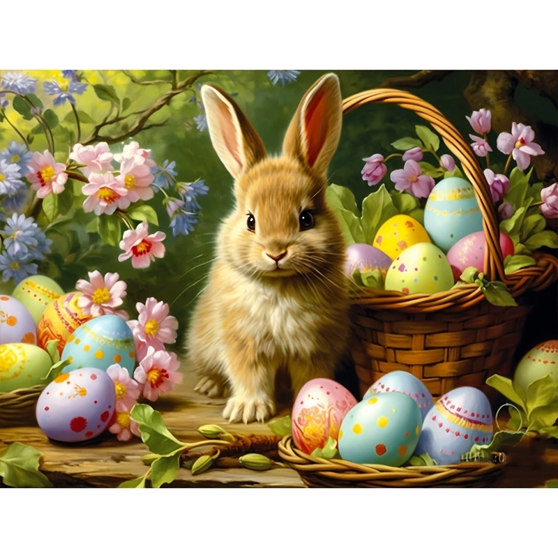 

1pc 5d Diamond Painting Kit, Easter Bunny & Eggs, 15.7x11.8 Inches, Round Canvas, Diy Mosaic Art For Beginners, Wall Decor, Ideal Gift