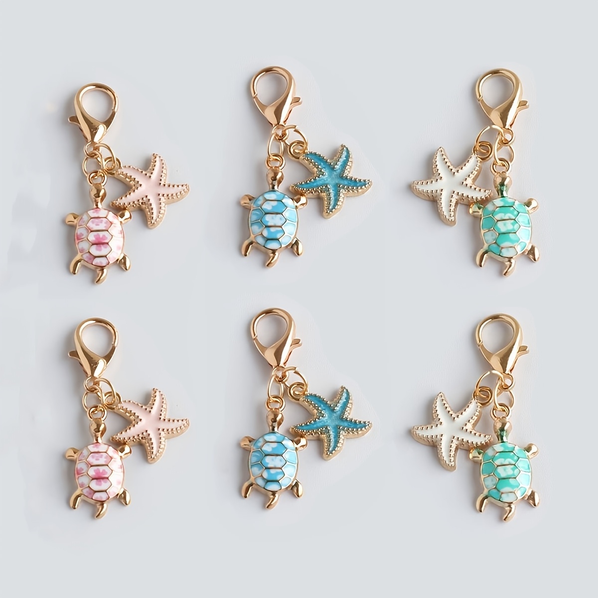 TEMU 2d Flat, 6pcs Fresh Enamel Sea Turtle And Starfish Keychains, 2d Gradient Color Small Turtle Metal Pendants, Light Luxury Ins-style Minimalist