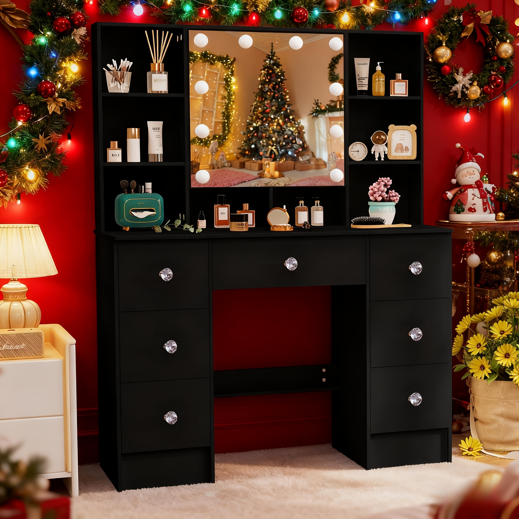 TEMU Dressing Table Featuring Drawers And A Mirror Equipped With Ten Led Lights, Finished In Black