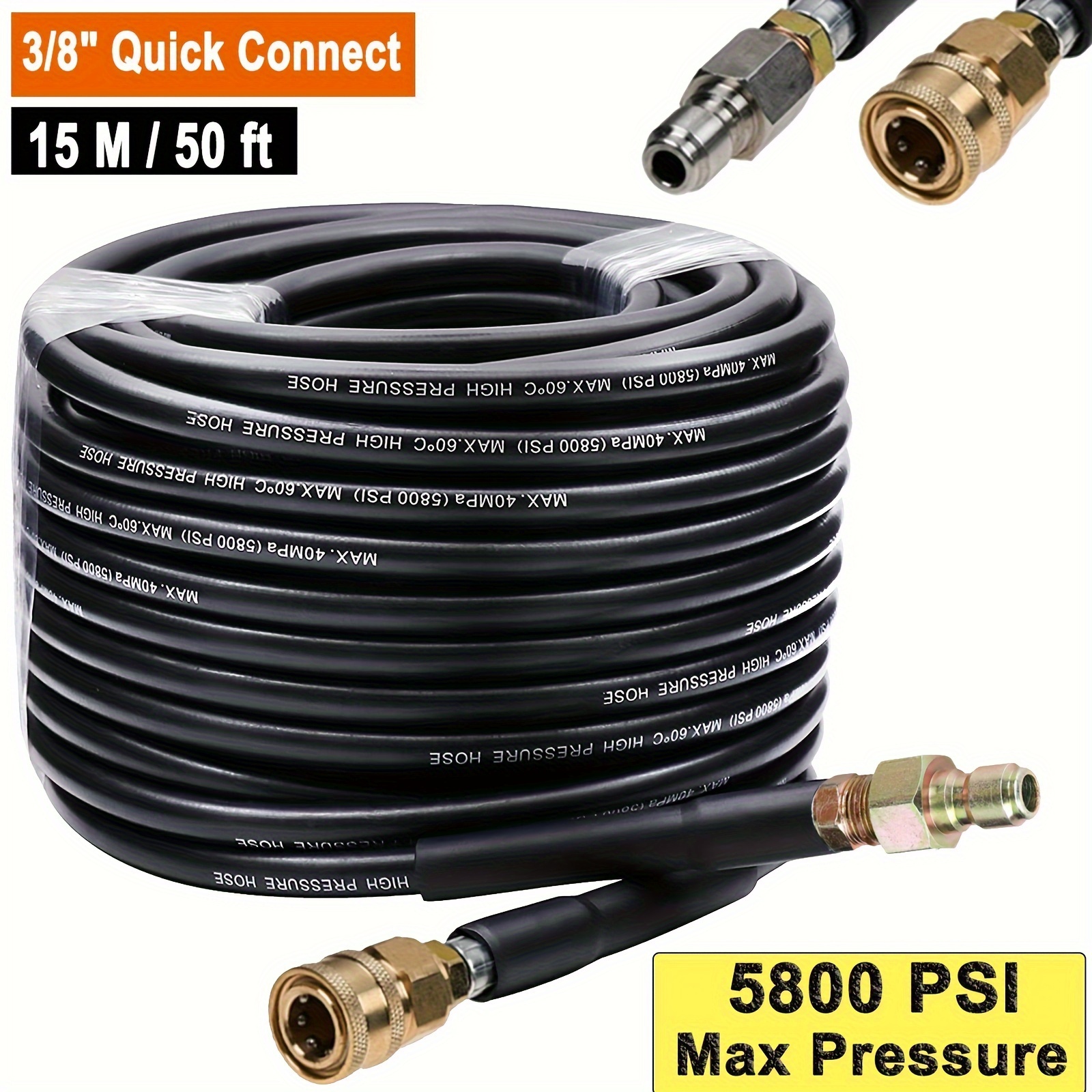 

50ft Pressure Washer Hose With 3/8 Inch Quick Connect, High Tensile Wire Power Washer Hose, 5800psi