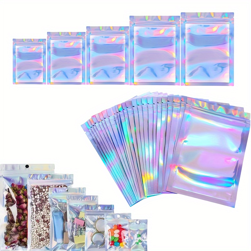 

100pcs/pack Holographic Packaging Bags, Multi-size, Color-shifting Laser Sealable Pouches, Food-grade Material, Reusable For Snacks, Seeds, Jewelry & Accessories Storage