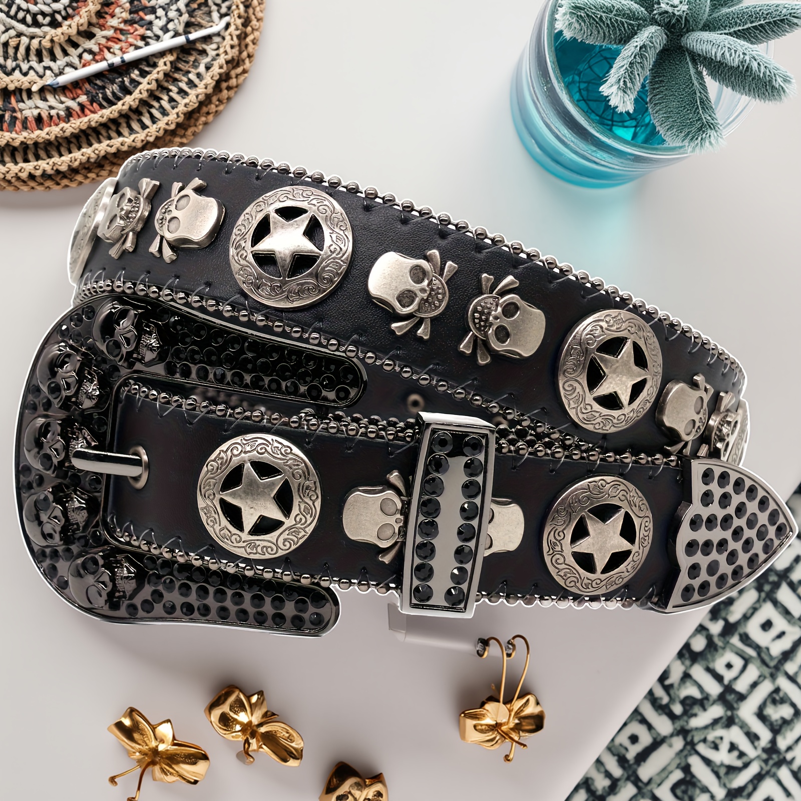 Skull Belt with Rhinestone Hardware Buckle in Punk Style
