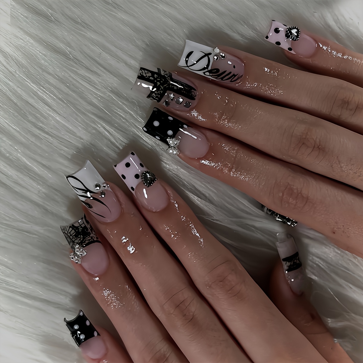 Instantly Upgrade Your Look with 24 Square Nails Art Pieces, Cool Dark Style, Black Polka Dot Metallic Heart, Hollowed-out Spider Web French Tip Nails Metallic Bow, Suitable for Ladies and, a Must-have for Parties and Shopping Fake Nails