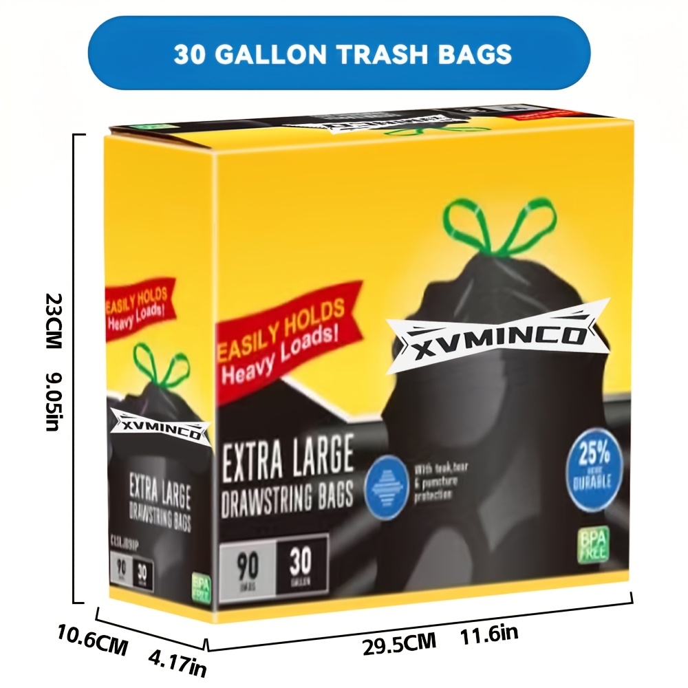 30 Gallon Heavy Duty Industrial Garbage Bags, Tear-Resistant, Odorproof, 90 Count (3 Rolls) Drawstring Black Trash Bags for Commercial, Gard