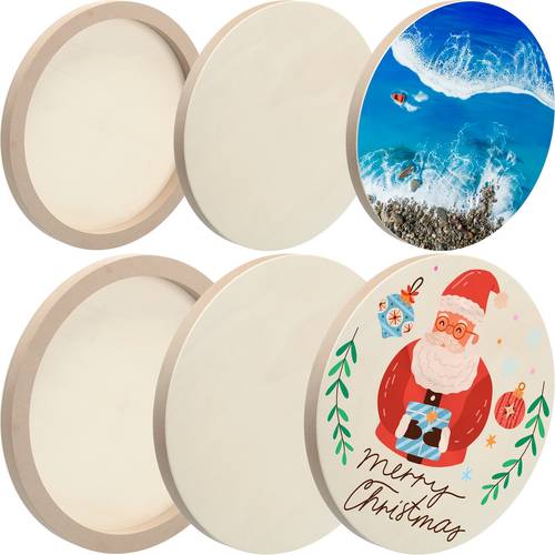 set of 6 circular wooden canvas boards for artwork in 8 inch and 12 inch sizes unpainted wooden panels are perfect for christmas gifts oil pouring art and acrylic painting crafts