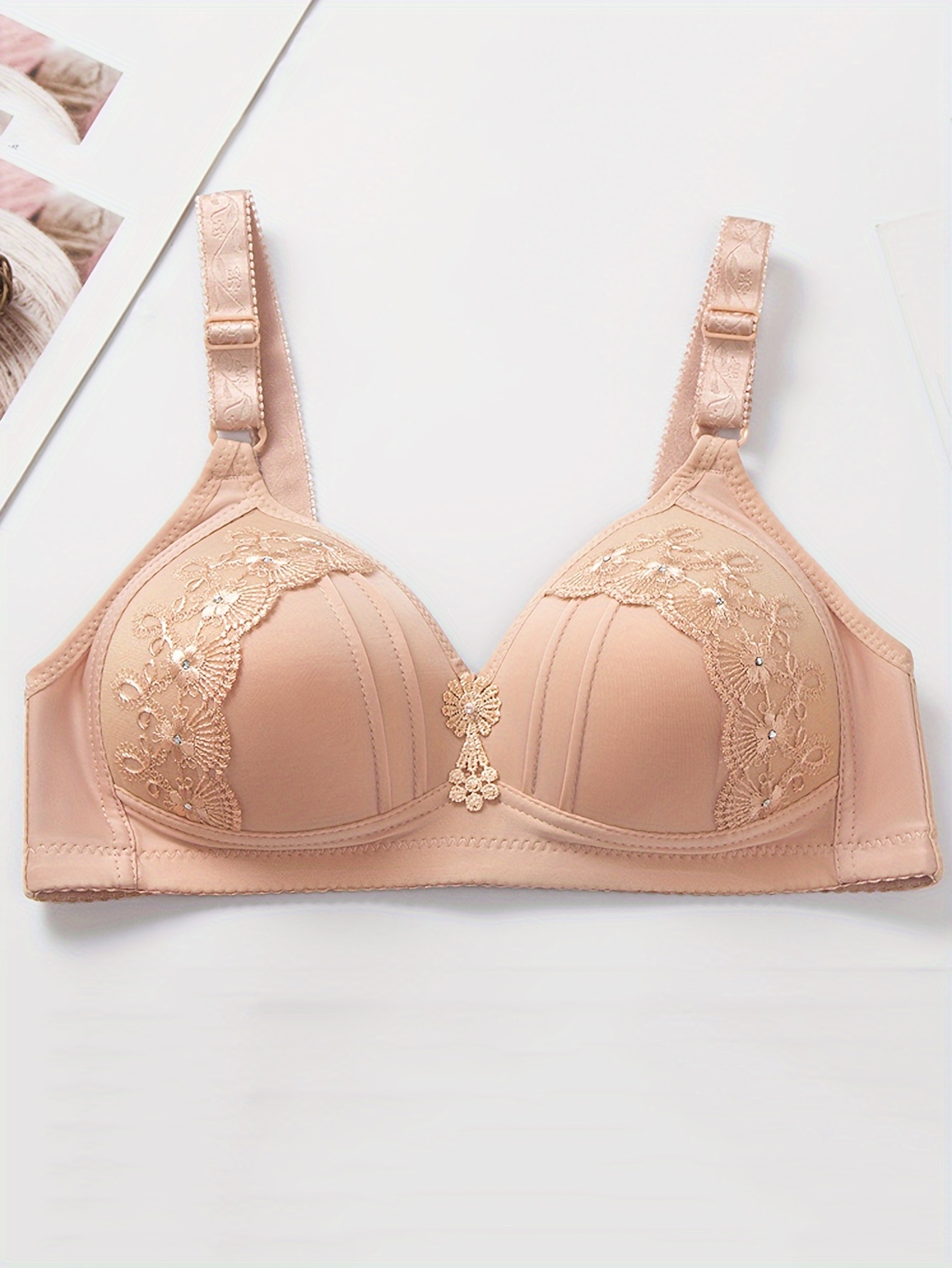 2pcs breathable gathered brassiere without steel ring for moms non magnetic thin cup glossy obese female bra   medium stretch fabric solid color with contrast lace detailing everyday   gathered bra design nonmagnetic bra bras for moms Product details 3