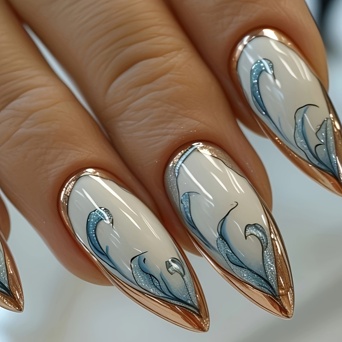 

Almond Shaped Press-on Nails, Medium Length, Glossy , Blue And Golden Plant Design With Detachable Red Golden Accents