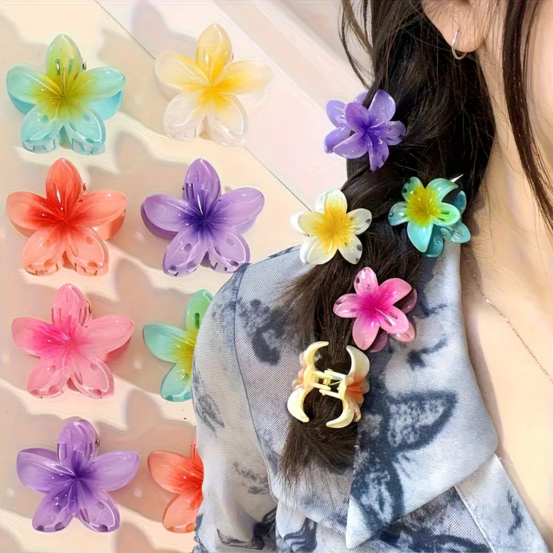 18pcs set of hawaiian colorful hibiscus flower hair clips light gradient durable plastic material sweet and cute womens beach vacation accessories   female   and festivals Product details 0