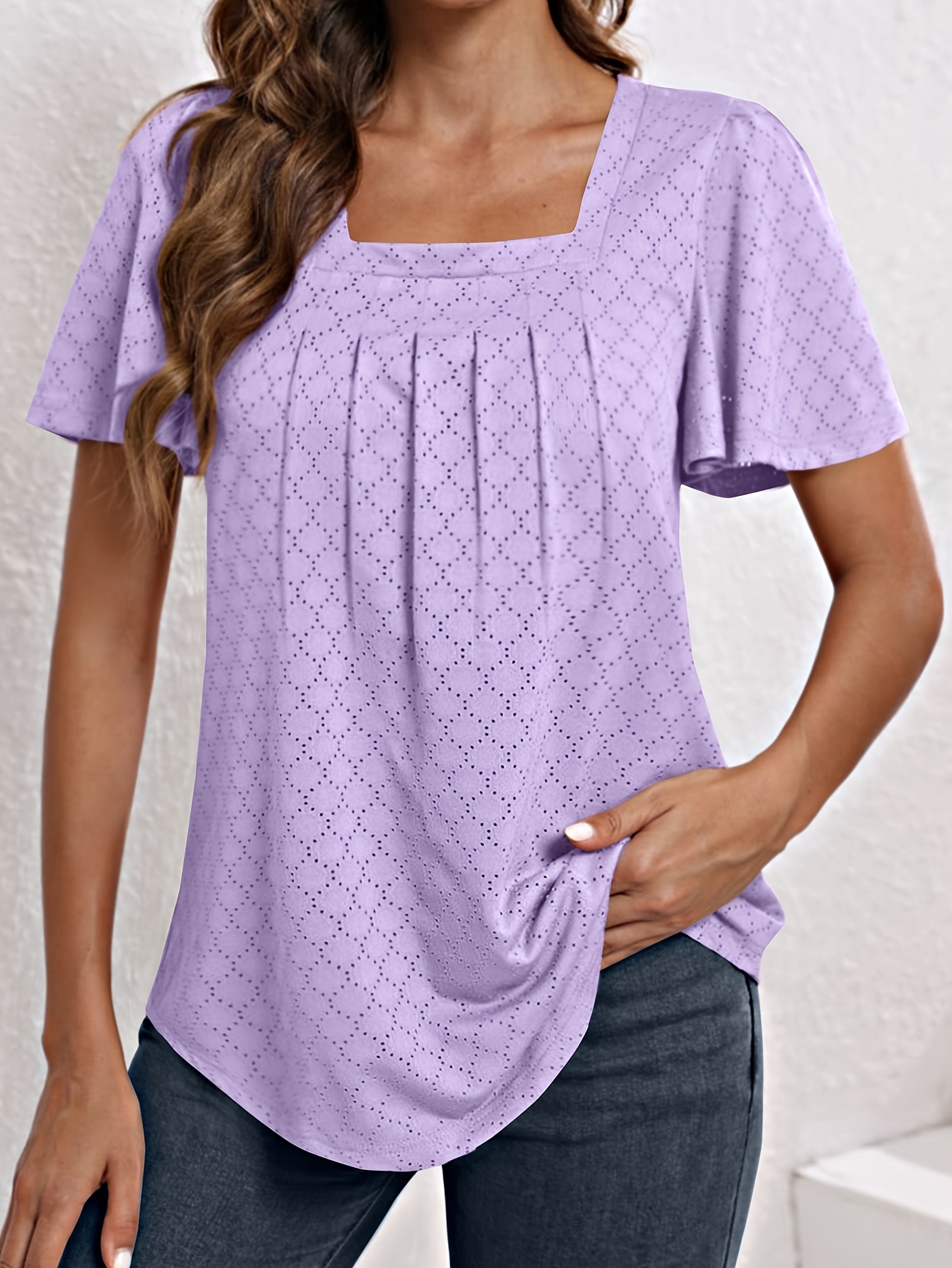 Plus Size Women'S Square Neck Ruffle Sleeve Top - Breathable Eyelet Cut-Out Fabric, Unique Chest Pleat Design, Elegant Fashion for Spring Summer Fall, Formal & Casual Wear, Casual Wear Top | Pleated Detail Top | Stretchy Fabric Top, Ladies T Shirts