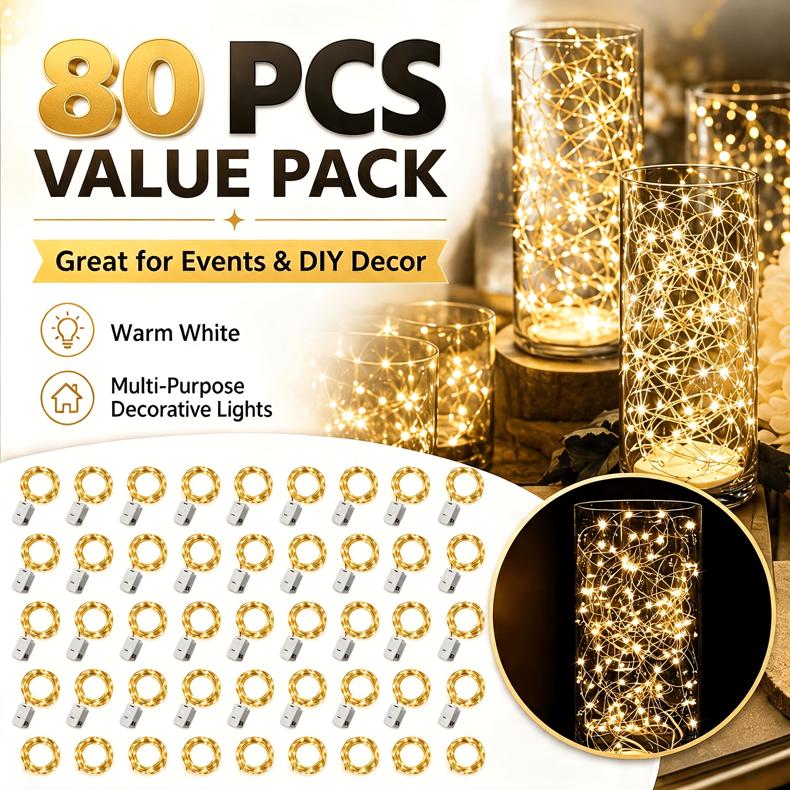 TEMU 80/90/100-pack Warm White Bottle-shaped Fairy Lights, Battery-powered Copper Wire Mini String Lights, Versatile Decorative Lights Suitable For